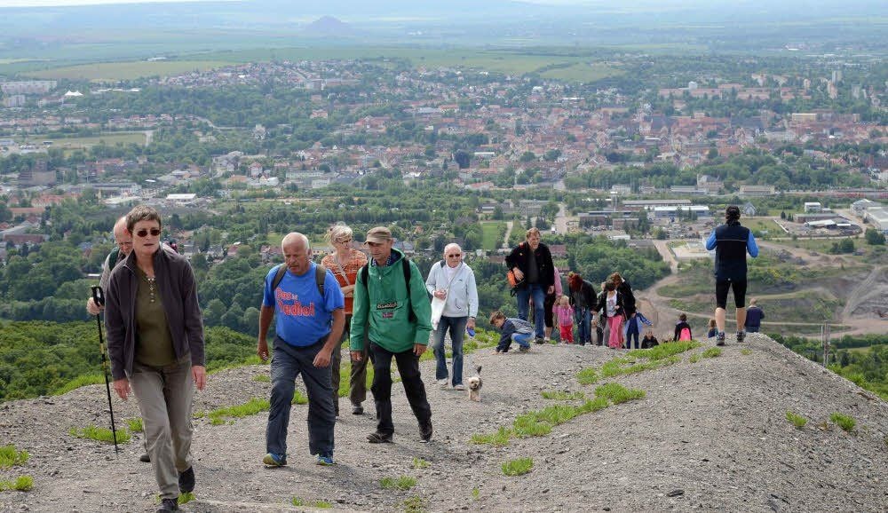 1.150 Wanderer erklommen am Sonntag den Gipfel der Halde des Thomas-Müntzer-Schachtes „Hohe Linde“ bei Sangerhausen.