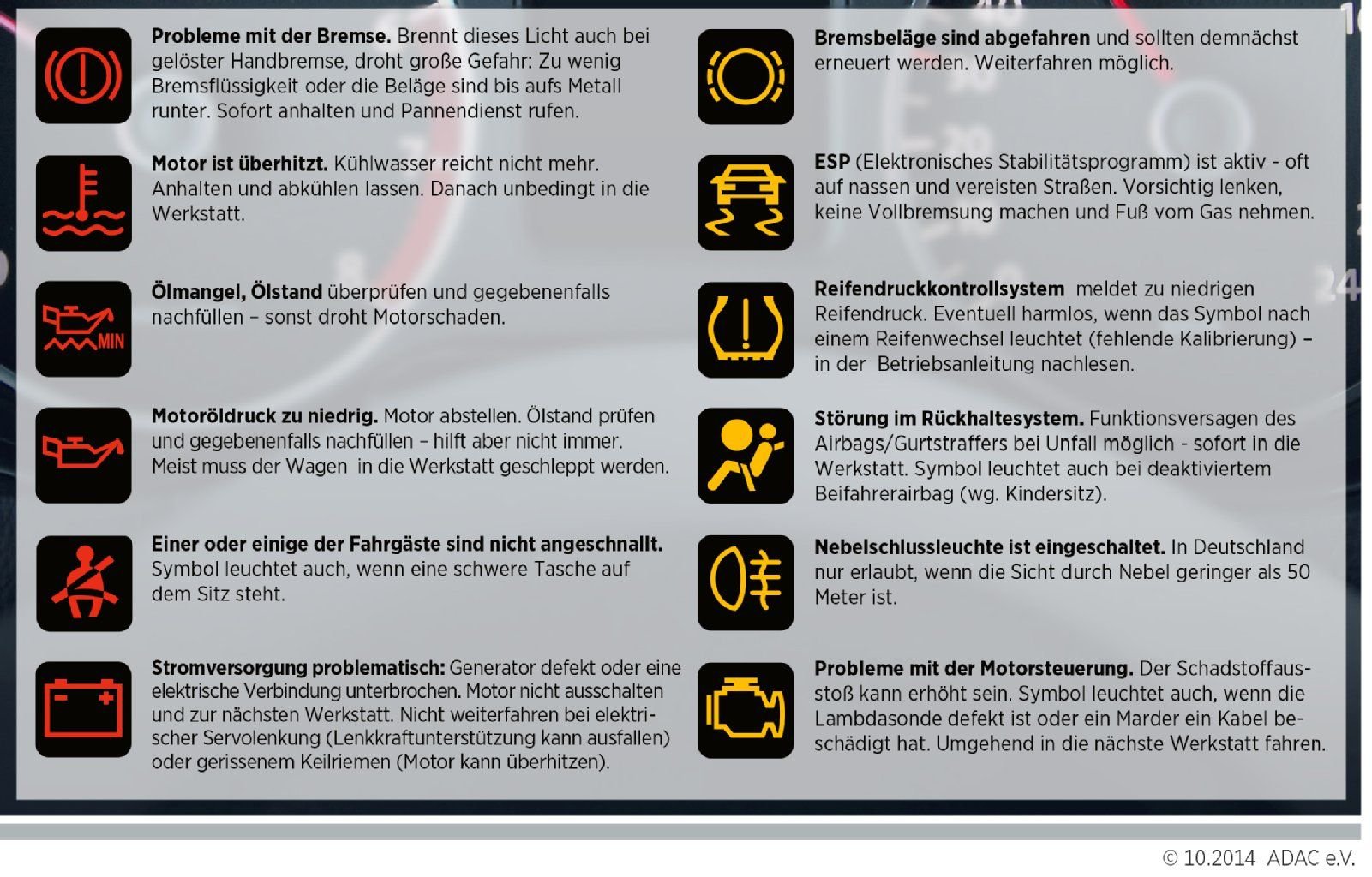 Diese Übersicht des ADAC zeigt die wichtigsten Kontrolleuchten im Auto und ihre Bedeutung.
