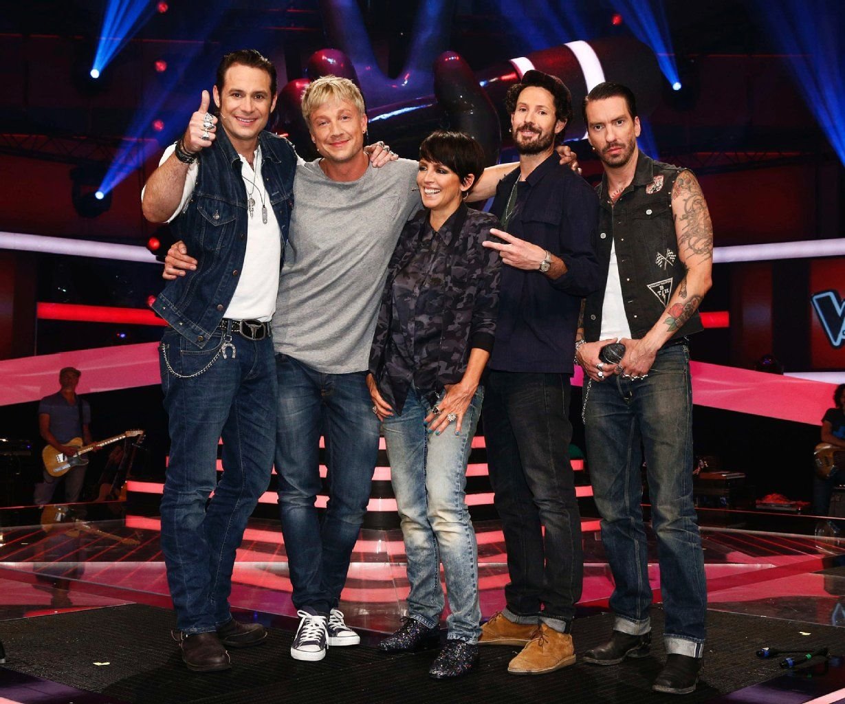 Die neuen Coaches von „The Voice of Germany“, die Sänger Sascha Hoss Vollmer (l-r), Samu Haber, Nena, Max Herre und Alec Boss Völkel.
