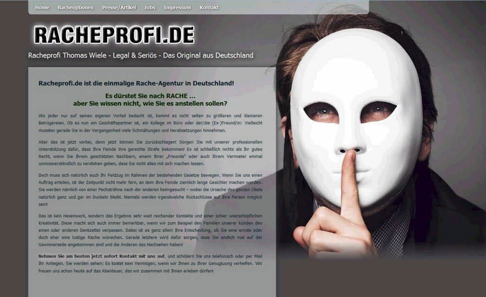 Die Internetseite der Rache-Agentur von Thomas Wiele.