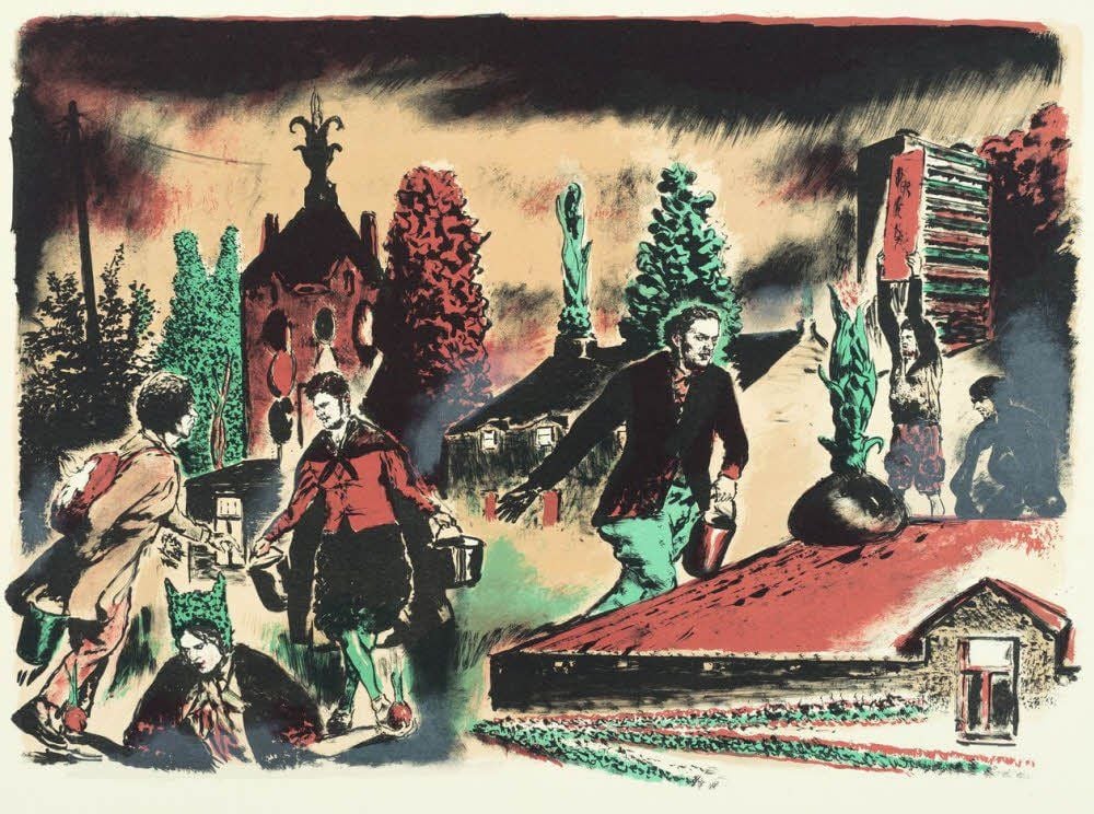 Neo Rauch: Guß, 2015, sechsfarbige Tuschelithografie, Galerie EIGEN + ART und David Zwirner, New York/London, VG Bild Kunst Bonn 2015