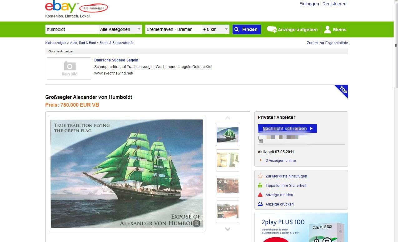 „Alexander von Humboldt“: Die Anzeige bei Ebay