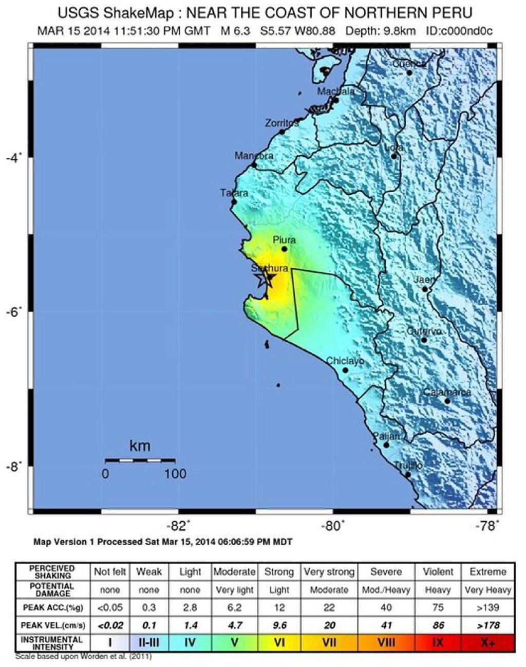 Peru ist von einem heftigen Erdbeben erschüttert worden. Das Epizentrum des Bebens lag sechs Kilometer westlich der Küstenstadt Sechura nahe der Grenze zu Ecuador.