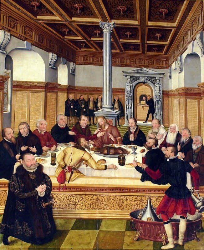 Cranachs „Abendmahl“ in der Johanniskirche mit dem Dessauer Fürsten Georg III. von Anhalt, Philipp Melanchthon und Martin Luther. Die Örtlichkeit des Abendmahls stellt vermutlich den Rittersaal im ehemaligen Dessauer Stadtschloss dar.
