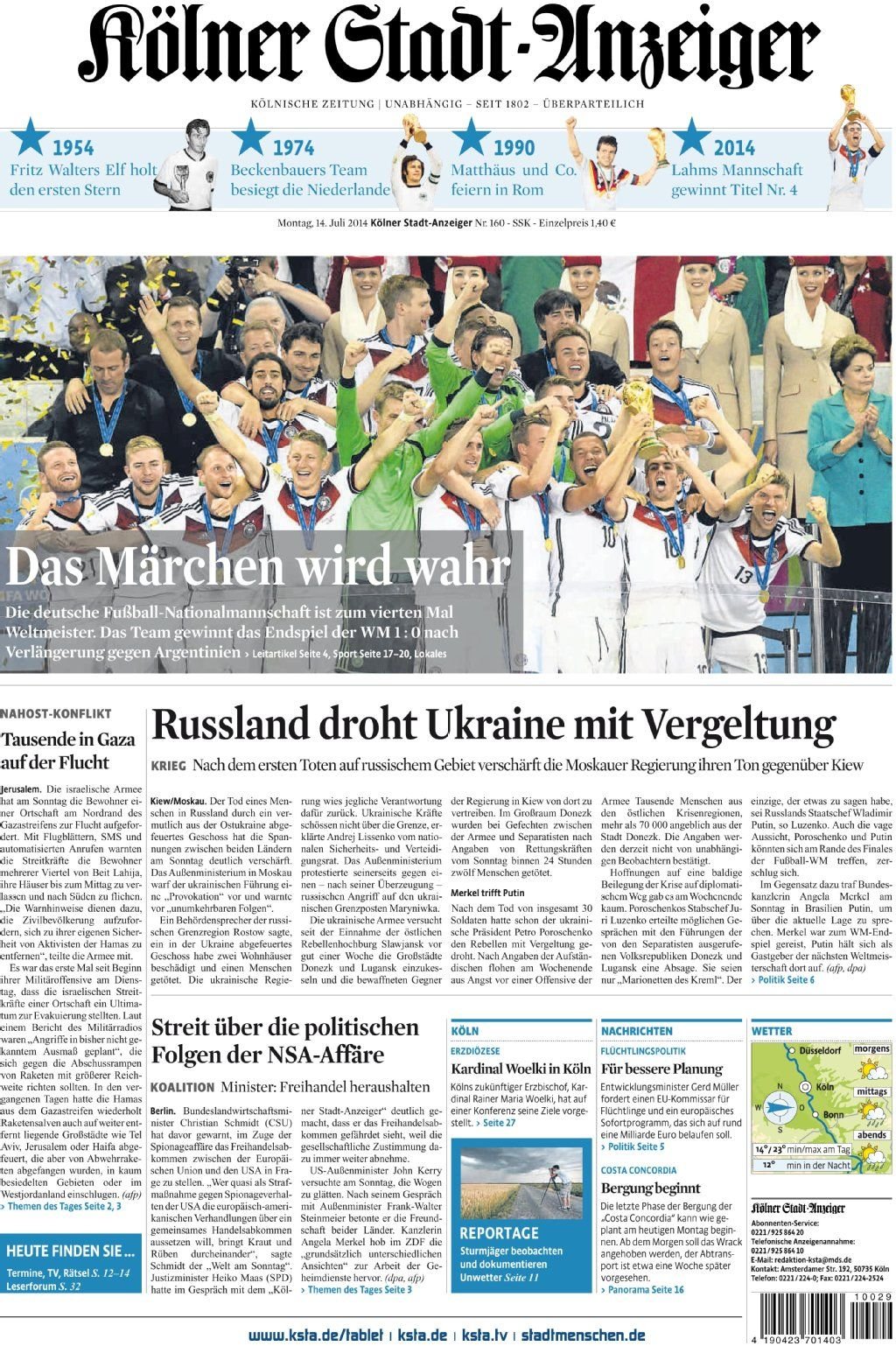 Titelseite des „Kölner Stadt-Anzeiger" nach dem WM-Triumph 1954