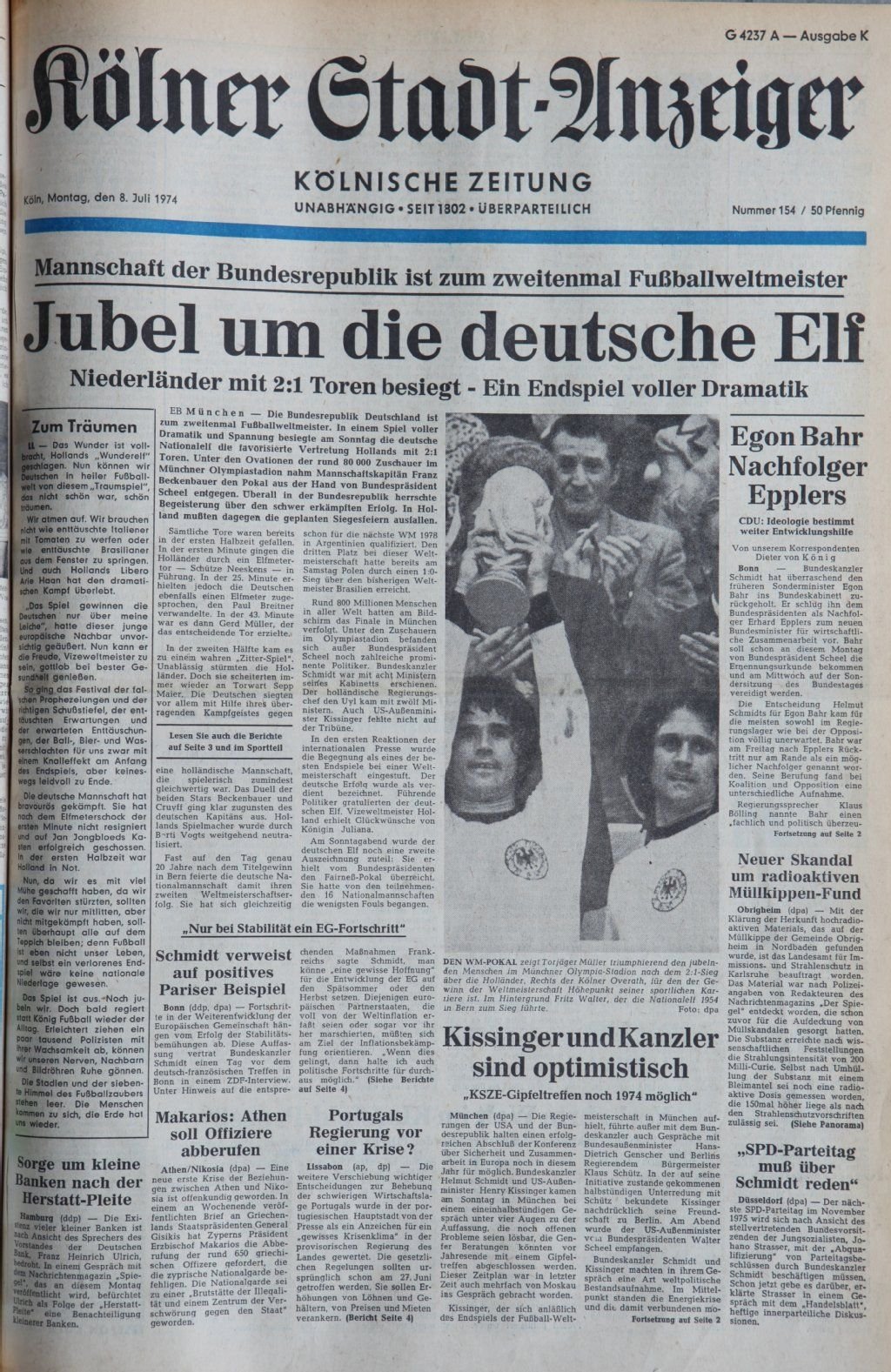 Titelseite des „Kölner Stadt-Anzeiger" nach dem WM-Triumph 1974