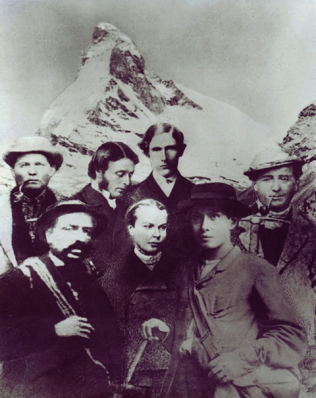 Die Seilschaft der Erstbesteiger (l-r): Taugwalder Vater, Michel Auguste Croz, Charles Hudson, Lord Francis Douglas, Douglas Hadow, Edward Whymper und Taugwalder Sohn.