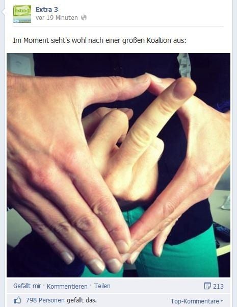 Gesehen bei Facebook: Wie die Kollegen Satiriker von der NDR-Sendung "Extra 3" die mögliche große Koalition in Gesten übersetzen.