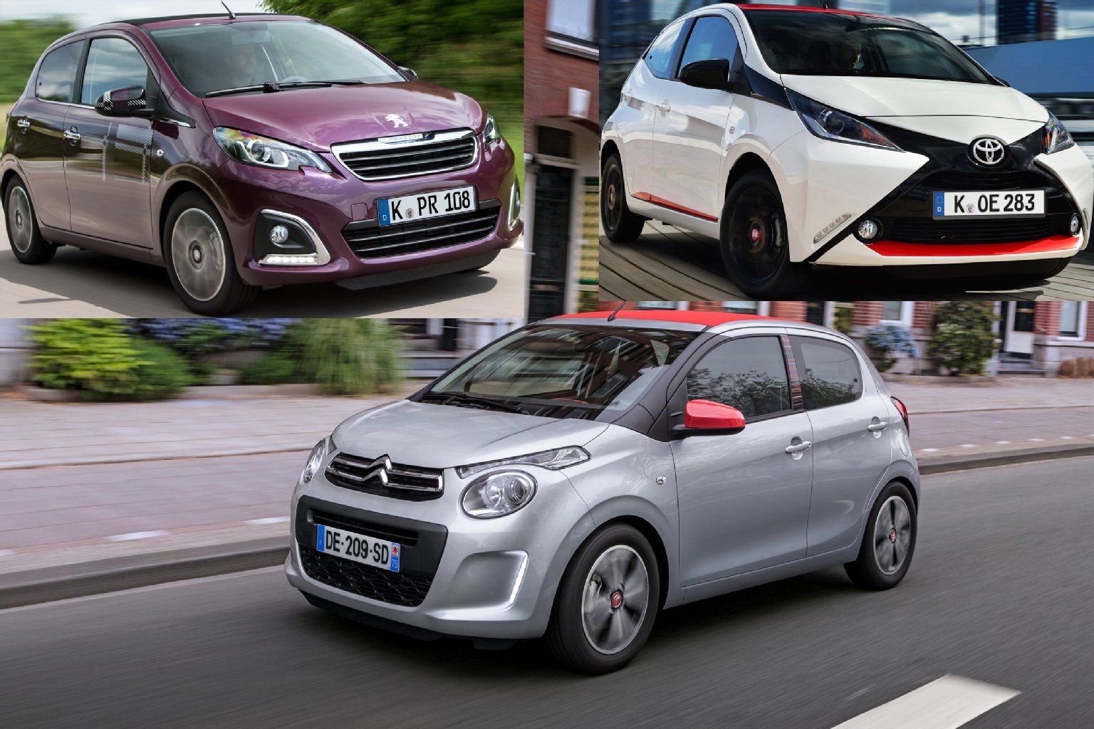 Oben links: Peugeot 108 / oben rechts: Toyota Aygo / unten: Citroën C1