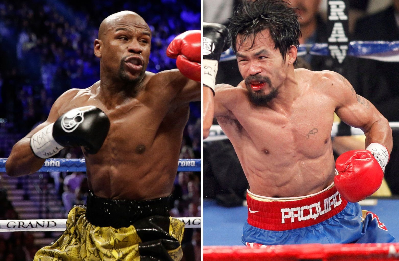 Die beiden Protagonisten im Aktion: Floyd Mayweather Jr. (l.) und Manny Pacquiao.