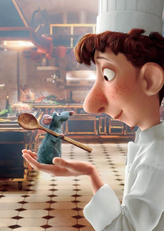 Im Film „Ratatouille“ sitzt die Ratte Rémy in der Küche auf der Hand von Hilfskoch Linguini.