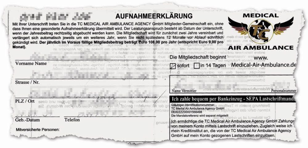 Vorsicht vor Haustürgschäften: Im Bild zu sehen ist die Aufnahmeerklärung der Firma.