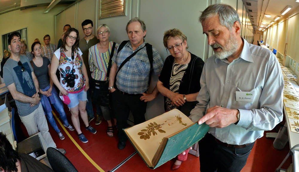 Klaus Pistrick (r.) zeigt bei einer Führung durch das Herbarium die Samen- und Fruchtsammlung des Instituts.