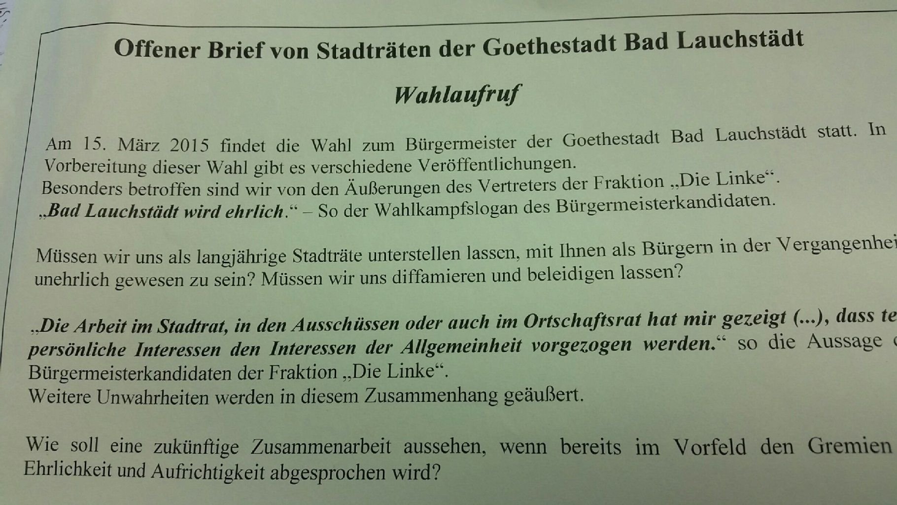 Der Brandbrief sorgt in Bad Lauchstädt kurz vor der Bürgermeisterwahl für Wirbel.