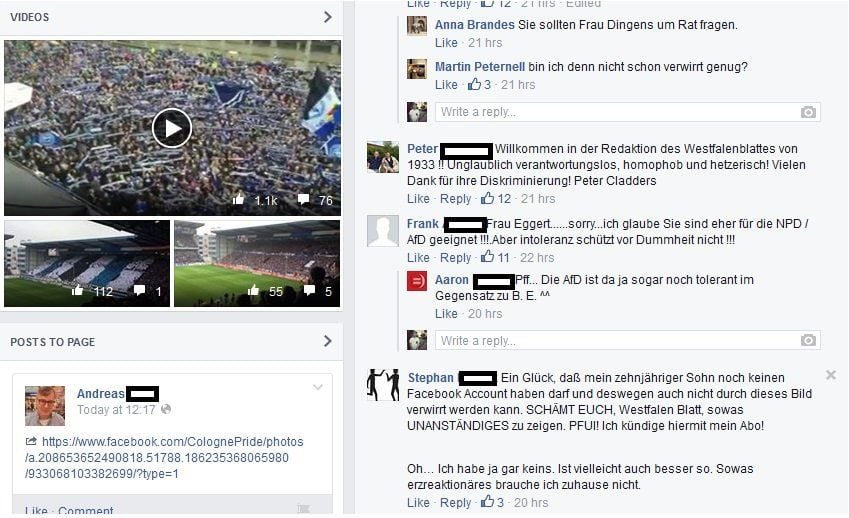 Negative und beleidigende Kommentare auf der Facebook-Seite des Westfalen-Blattes.