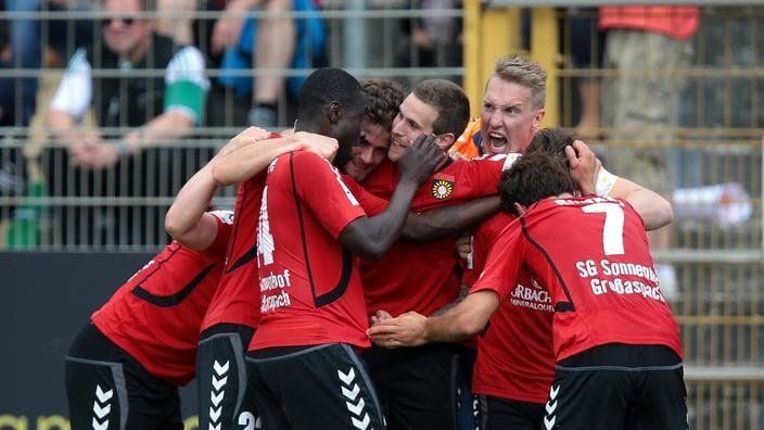 Spieler der SG Sonnenhof Großaspach bejubeln einen Treffer.