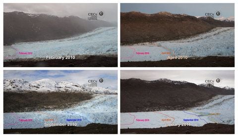 Bildkombo des Rückzug des Gletscher «Jorge Montt» in Patagonien (Chile) in einem Jahres-Zeitraum. Die Linie dokumentieren den rasanten Rückzug. (FOTO: DAPD)