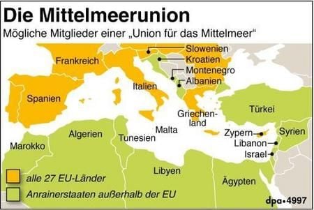 Die 27 EU-Staaten beraten auf dem EU-Gipfel unter anderem über die Bildung einer Mittelmeerunion, die sich auf einer gleichberechtigten Zusammenarbeit aller EU-Länder mit den Mittelmeer-Anrainerstaaten gründet. Die Grafik zeigt mögliche Mitglieder einer Mittelmeerunion im geografischen Raum (auch die nicht gezeigten EU-Länder sollen dazugehören). (Grafik: dpa)