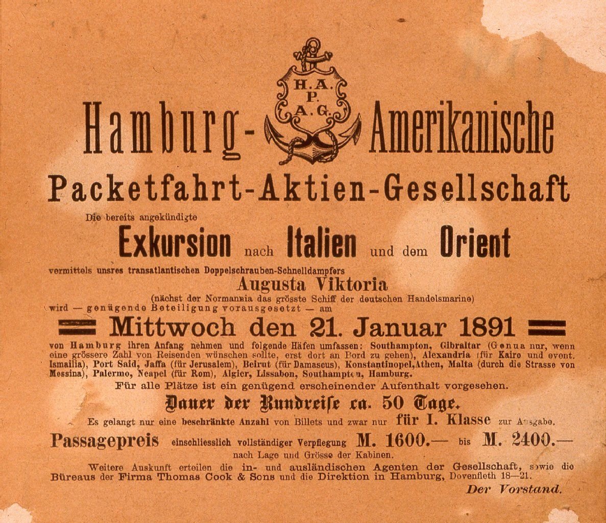 Von Kreuzfahrt war noch nicht die Rede: Die Fahrt ab dem 21. Januar 1891 wurde als Exkursion beworben.