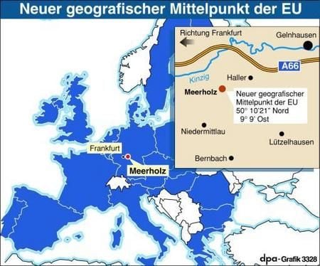 Infokarte zum neuen geografischen EU-Mittelpunkt: Gemeinde Meerholz in Hessen (Grafik: dpa)