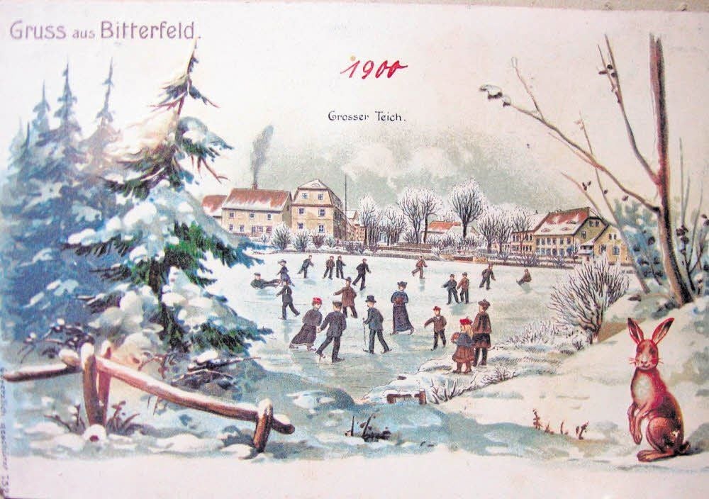 Auf dem großen Teich (gesehen von der Gartenanlage Krautwall) wurde um 1900 Schlittschuh gelaufen. Das Haus mit dem qualmenden Schornstein ist die Färberei Fox, rechts steht die Lobermühle.