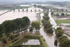 Rettungskräfte stehen am Montag auf einer über die Innerste (Nebenfluss der Leine) führende Brücke bei Heersum in Niedersachsen. Ein Deichbruch hatte dort Felder überflutet. (Foto: dpa)