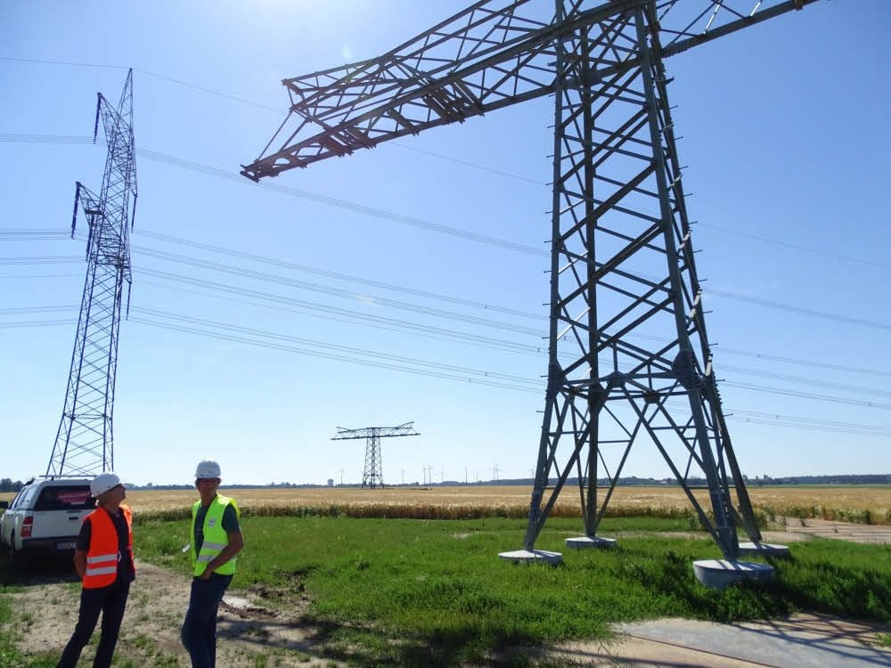 Bei Hohndorf wird die neue 110-Kilovoltleitung von Mitnetz die 380-kV-Leitung unterqueren, deshalb stehen dort niedrigere Maste.