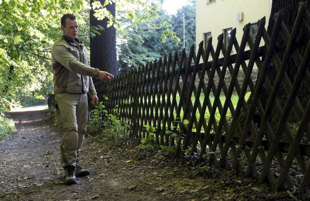 Ralf Handschug am Ort des Geschehens. Offenbar ist der Jagdterrierwelpe durch den Zaun ins Freie geschlüpft. Handschug konnte das Tier letztlich überwältigen und in seinen Zwinger stecken.