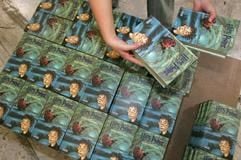 Die deutsche Ausgabe von «Harry Potter und der Halbblutprinz» wird am Freitag (23.09.2005) im Amazon-Logistik-Center in Bad Hersfeld auf einer Palette gestapelt. Ein Kinderzimmer darf auch gegen den Willen desVermieters mit Harry-Potter-Motiven tapeziert werden. (Foto: dpa)