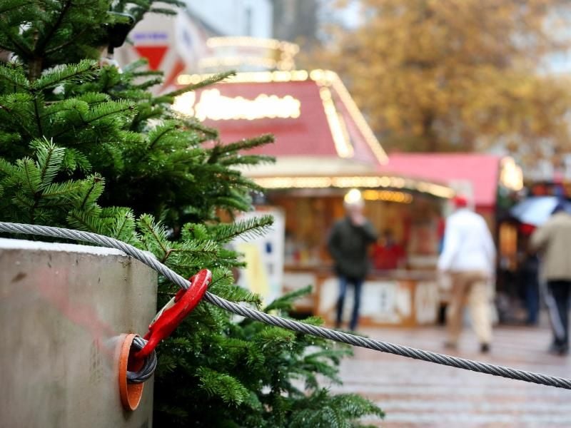 Der mit Betonklötzen gesicherte Weihnachtsmarkt. Foto: Roland Weihrauch