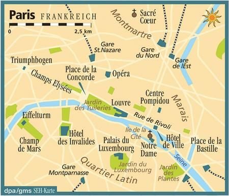 Vom Eiffelturm über den Louvre bis zur Place de la Bastille: Paris hat viele bekannte Plätze und Stätten. In der französischen Hauptstadt gibt es aber auch viele stille Hinterhöfe und alte Ladenpassagen zu entdecken. (Grafik: dpa)