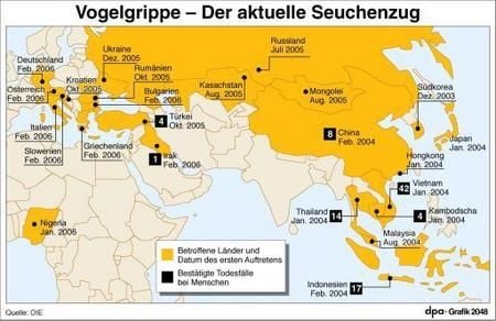 Infokarte zur weltweiten Ausbreitung der Vogelgrippe nach betroffenen Ländern und bestätigten Todesfällen (Grafik: dpa)