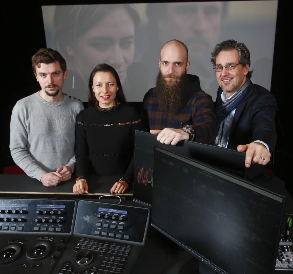 Drei Hallenser, eine Erfurterin: Kameramann Friede Clausz, Regisseurin Anne Zohra Berrached, Colorist Eric Bilawa, MMZ-Chef Andreas Nowak (v.l.)