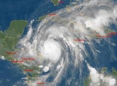 Das Satellitenbild des deutschen Wetterdienstes zeigt den Hurrikan «Wilma» am Mittwoch (19. Oktober 2005) zwischen Jamaika und Honduras. Der Wirbelsturm ist zum stärksten jemals registrierten Hurrikan herangewachsen. (Foto: dpa)