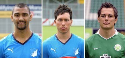 Die Kombo zeigt von (l-r) Marvin Compper vom Fußball-Bundesligisten 1899 Hoffenheim, Tobias Weis von 1899 Hoffenheim und Marcel Schäfer von VfL Wolfsburg (FOTO: DPA)