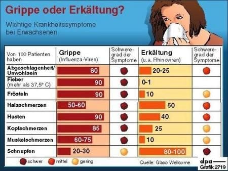 Grippe oder Erkältung: die wichtigsten Krankheitssymptome. (Grafik: dpa)