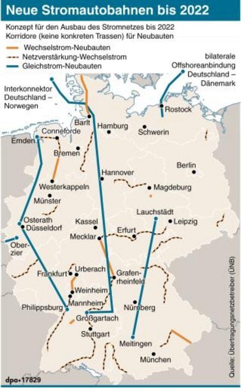 Deutschlandkarte mit geplanten Korridoren für Neubauten von Stromnetz (GRAFIK: DPA)