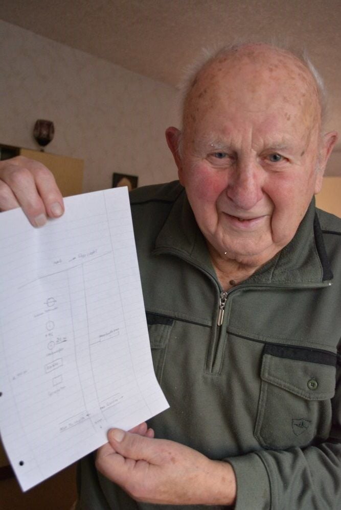 Der Muschwitzer Karli Schellenberg hat mal auf einem Blatt Papier die Scheinwerferstellung in der Nähe des Ortes skizziert.
