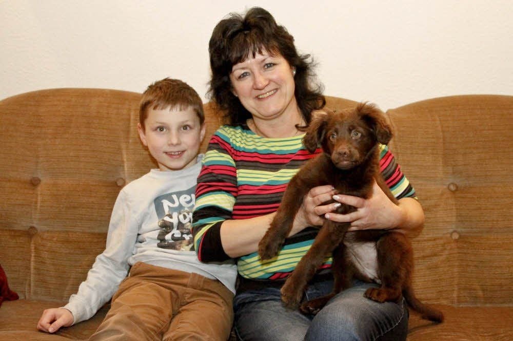 Enkel Marius (7) und seine Oma Heike Schneider freuen sich über das neue Familienmitglied. Hundewelpe Bera hält alle auf Trapp.