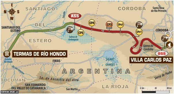So sieht die Route für die zweite Etappe vom argentinischen Villa Carlos Paz nach Termas de Río Hondo aus.
