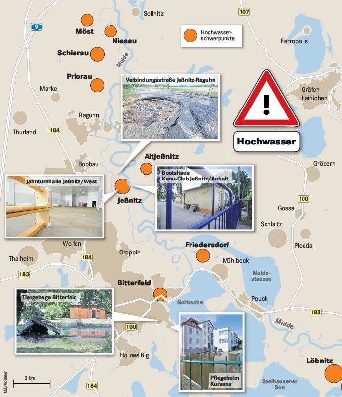 Vom Hochwasser betroffene Gebiete in der Region