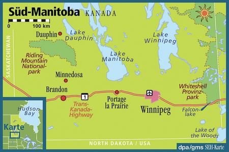 Mittendrin in Kanada - in der Provinz Manitoba ist die Entfernung zum Pazifischen Ozean wenig geringer als die zum Atlantik. (Grafik: dpa)