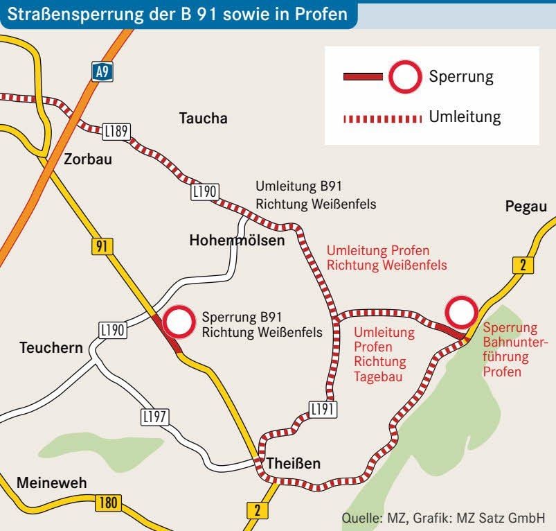 Straßensperrung der B 91 sowie bei Profen