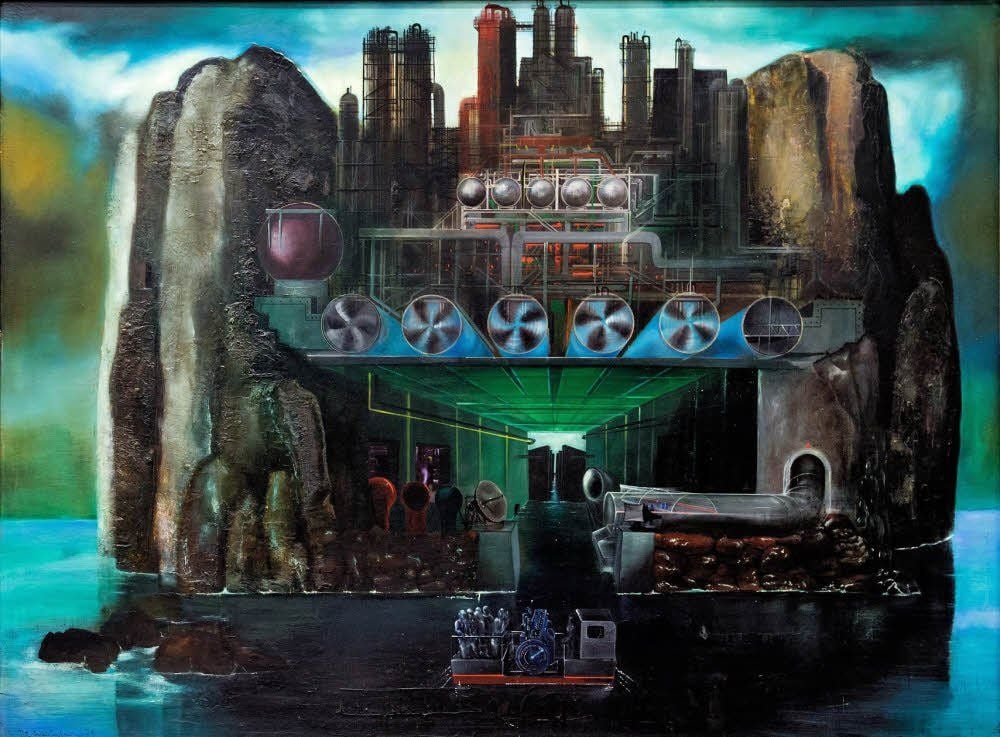 Es bildet das Zentrum der Leunaer Ausstellung: Dieter M. Weidenbachs Gemälde „Industriewerk (nach Arnold Böcklin)“ aus dem Jahr 1979.