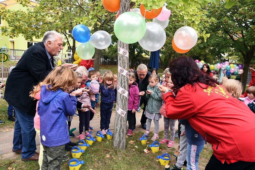Alle pusten Glitzerstaub an den Zuckertütenbaum, damit er wächst.