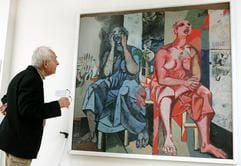 Ein Mann betrachtet am Samstag (10.03.2007) in der Galerie für Zeitgenössische Kunst in Merseburg das Gemälde «Rufende Frauen» von 1957. Das Bild gehört zu insgesamt 33 Gemälden und 32 Zeichnungen des Hallenser Künstlers Willi Sitte, die teilweise noch nicht gezeigt wurden und an in der Ausstellung «Bilder, die sich einmischen» zu sehen sind. (Foto: dpa)