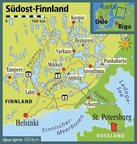 Zerfaserter Riesen-See - der Saimaa erstreckt sich in Südostfinnland bis an die russische Grenze. (Grafik: dpa)