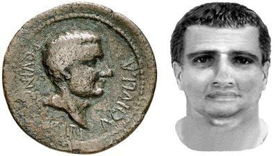 Die Kombo zeigt eine Varus-Münze und ein vom Landeskriminalamt gefertigtes Porträt des römischen Feldherrn. Fahndungs-Experten des Landeskriminalamtes (LKA) in Düsseldorf haben dem römischen Feldherrn Publius Quinctilus Varus ein Gesicht gegeben. (FOTO: DPA)