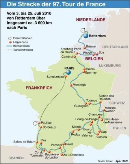 Die Strecke der Tour de France im Jahr 2010. (GRAFIK: DPA)