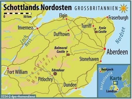 Unterwegs im Dreieck zwischen Aberdeen, Dundee und Inverness: Die beste Reisezeit für Schottlands Nordosten sind die Sommermonate Juni bis September. (GRAFIK: DPA)
